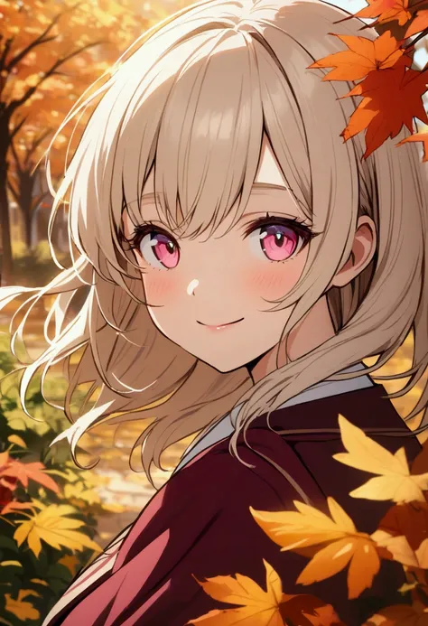 a woman with short light beige hair, pink eyes, wearing a burgundy school uniform, smiling, in a garden during autumn.