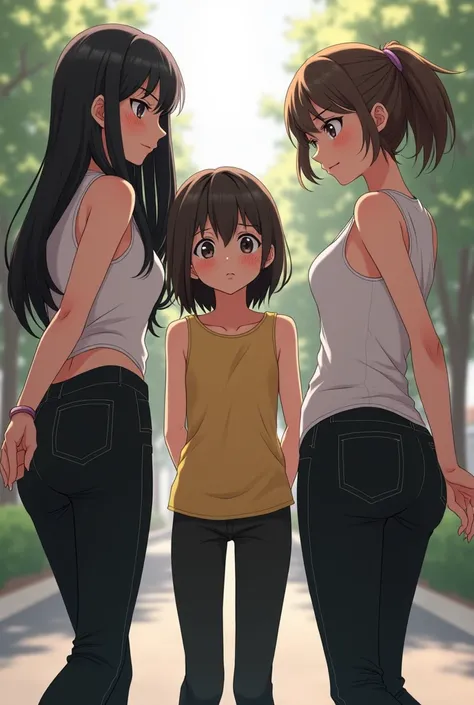  a 40-year-old woman , an 18-year-old girl and a 15-year-old boy,The 3 of them have their hands behind their backs , anime,  sleeveless shirt, The black pants ,  embarrassed  , Captured, walking,curves, sexy