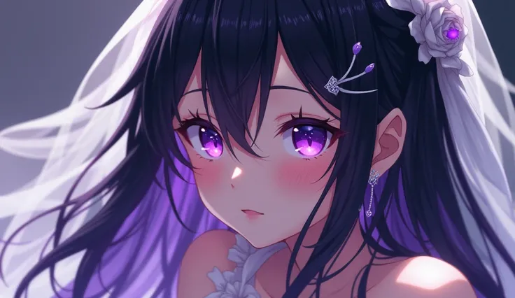 Young girl,  long black and purple hair,  hard shadows, purple eyes,  white wedding dress, colored anime,  Lighting, 