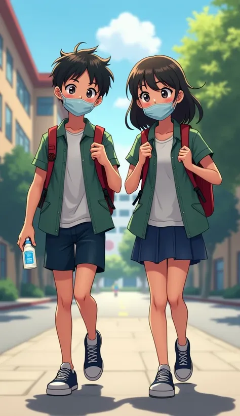 ren wearing masks, walking to school with backpacks, and a small hand sanitizer bottle visible near them.