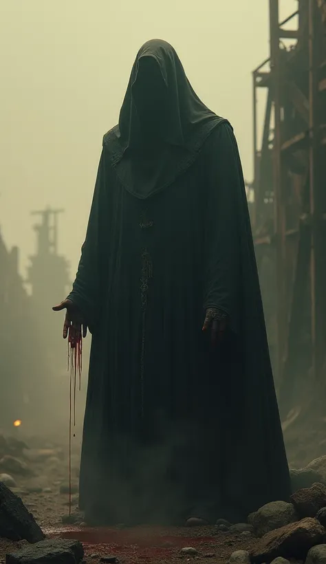 "A dark, eerie scene featuring a towering, shadowy figure cloaked in black, standing amidst a desolate, post-apocalyptic landscape. The figures hand drips with blood, creating a stark contrast against the muted, sepia-toned background. Nearby, broken struc...