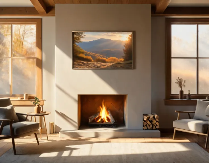 photo of an open fireplace, sitting in sunlight, showing a frame, in the style of large canvas sizes, light gray and light brown, american tonalist, uhd image, earthy organic shapes, heavy use of palette knives, storybook-like
