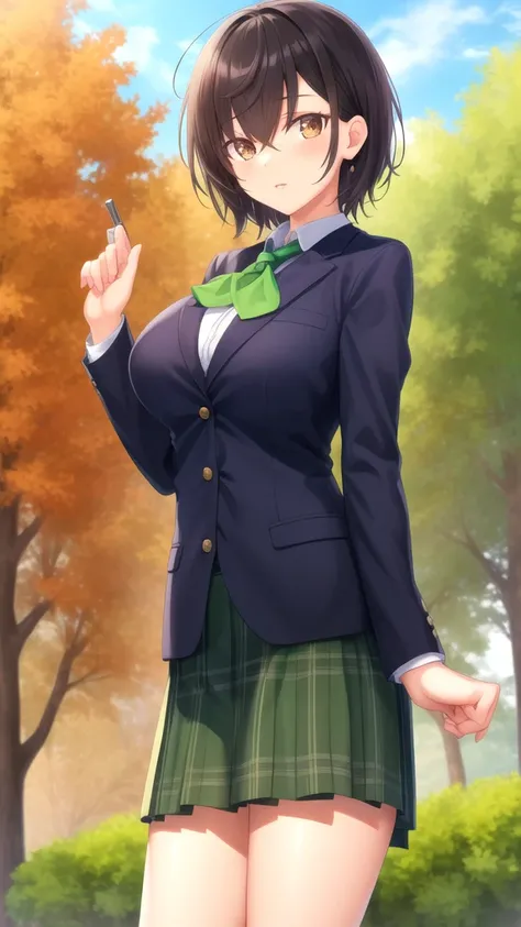 masterpiece, best quality, girl, solo, looking at viewer, rio_seirei_gensouki, black hair, brown eyes, large breasts, black neckerchief, blazer, green jacket, long sleeves, plaid skirt, green skirt, standing, cowboy shot, outdoors