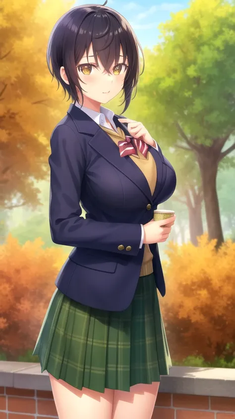 masterpiece, best quality, girl, solo, looking at viewer, rio_seirei_gensouki, black hair, brown eyes, large breasts, black neckerchief, blazer, green jacket, long sleeves, plaid skirt, green skirt, standing, cowboy shot, outdoors