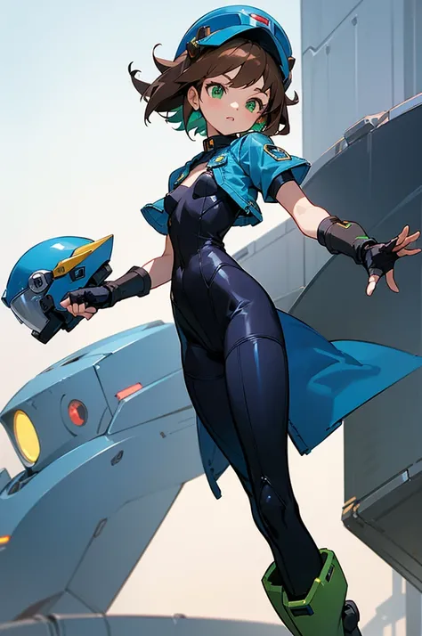 1girl, small breasts, brown hair, short hair, green eyes, robot ears, black bodysuit, fingerless gloves, mecha, helmet, blue headwear, blue Cropped Jacket, cropped jacket, short sleeves, blue gauntlets, gauntlets, thigh armor, boots, blue footgear, genders...