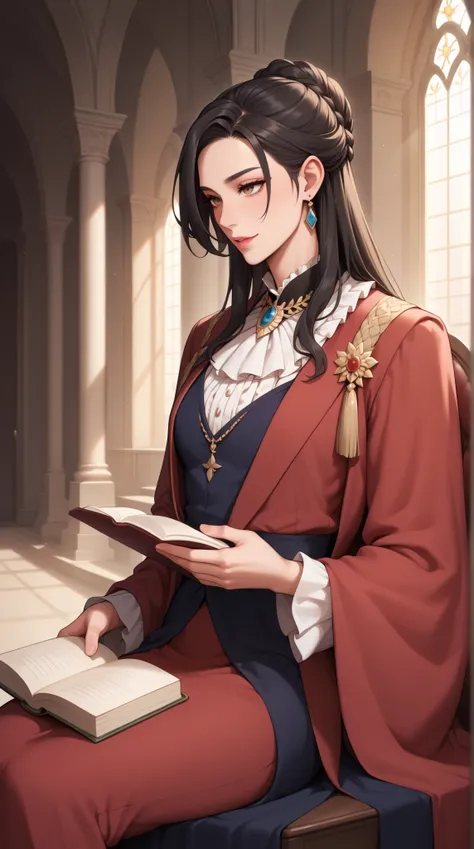 A gentle and intelligent young girl, long straight black hair, a soft and intellectual expression, wearing elegant dresses or academy-style attire, a kind and understanding demeanor, slender and delicate figure, slightly melancholic eyes, background of a c...