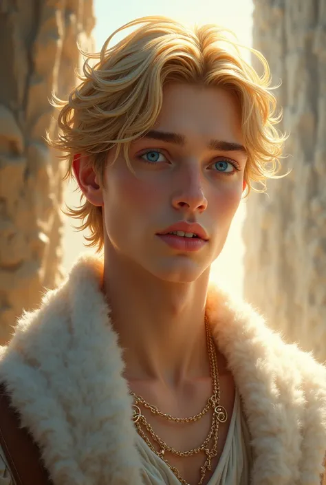 God Baldur as a young adolescent man, no beard, olhos azuis brilhantes,  blond hair, face and features perfect soft lips sculpted,  jaw and cheekbones well defined divine beauty, Divine Aura . Is he in Asgard 
