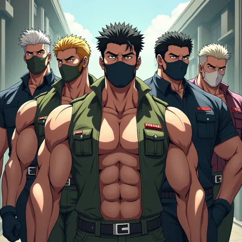 five hot sexy muscular men, military, army, handsome, burly, bulky, masked, anime