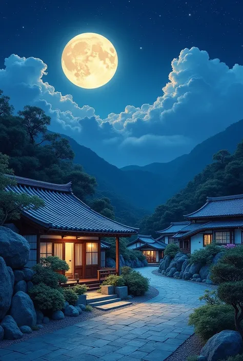 Japanese house painting under full moon, Japanese art style, Japanese art, traditional Japanese art, Japan at Night,  伝統的なJapanese painting, Japanese art art, old Japanese art,  Animated Background Art ,  landscape painting,   Please enter your store name ...