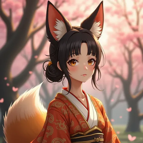 A Japanese woman, Fox hybrid with an impressive appearance. She has captivating almond-shaped eyes , a soft complexion and a graceful expression . Her big fox ears emerge naturally from her dark and smooth hair , and a luxurious and fluffy fox tail floats ...