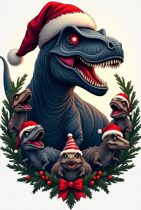 Logo of a black Rex , Ojos rojos, with dinosaur decoration with Christmas hat,  name Ancient Kings under the logo, Keep name, Keep the dinosaurs small but with a Christmas hat 