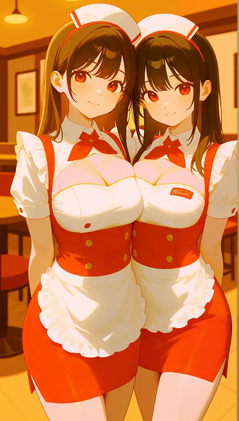 2 hot sisters in uniforms, sexy waitress, restaurant