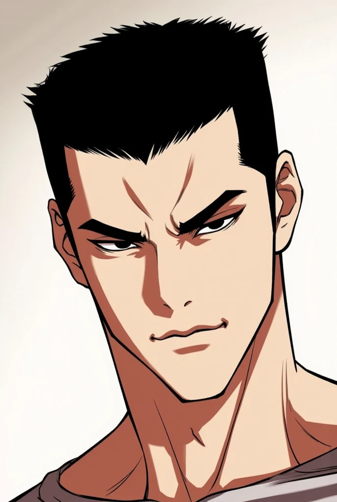 A panel from Lookism Manhwa: Strong square jaw with pronounced chin, hooded eyes with intense gaze, broad nose bridge, thin straight lips, strong straight eyebrows, high forehead - naturally intimidating features that command attention