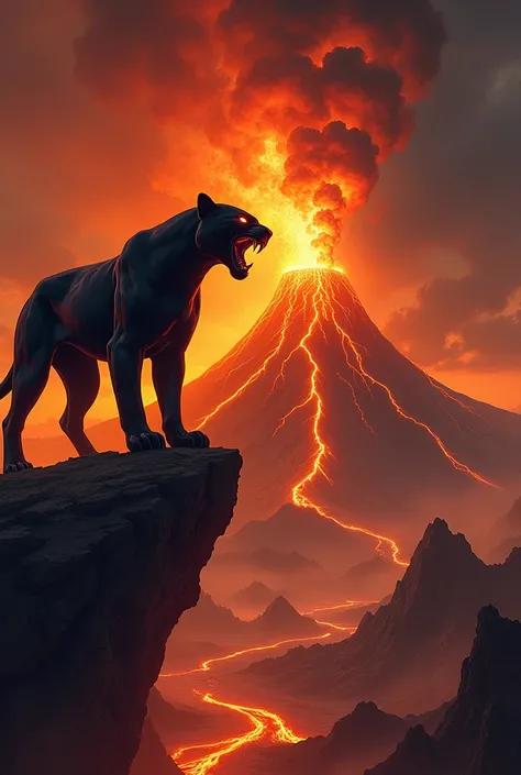 "An epic confrontation between a sleek, black panther and an erupting volcano, both radiating fierce intensity. The black panther stands on a rocky ledge, muscles tense and fur glistening under the fiery glow, its piercing eyes glowing with rage as it bare...