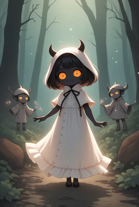 cute smile, Nendoroid doll wearing frilly white gothic dress, surrounded by forest fairies and dwarves, professional and perfect composition, extremely delicate depiction, extremely clear image, effective effects, bold and dynamic, contrasts of light and s...