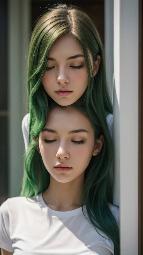 Bust shot, a european girl, detailed face and eyes, green eyes, half closed eyes, long straight hair, lots of hair, green hair, white t-shirt, Downcast