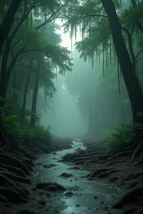 Best art video full power extreme hyperealistic, UHD, HDR, 5D, wide shoot of "Cinematic footage with a melancholic atmosphere, showing heavy rain falling in the middle of a dense forest. Show water droplets falling from green tree leaves, muddy ground surf...