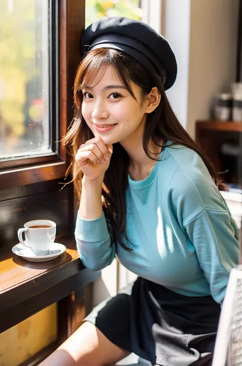 (masterpiece, best quality, perfect anatomy, highres, 8k, realistic, photorealistic, natural skin texture, no makeup:1.2), (afternoon:1.5), 1girl, solo, Japanese, age20, female university student, very cute, (large breasts:1.5), sitting by a café window on...