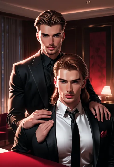 Make an illustration of a handsome 24-year-old man, identical to Chris Evans, a man wearing a black suit, in luxury room, with a beautiful British woman identical to Dasha Taaran, 17-years-old, a woman with straight light brown hair, light skin, a woman we...