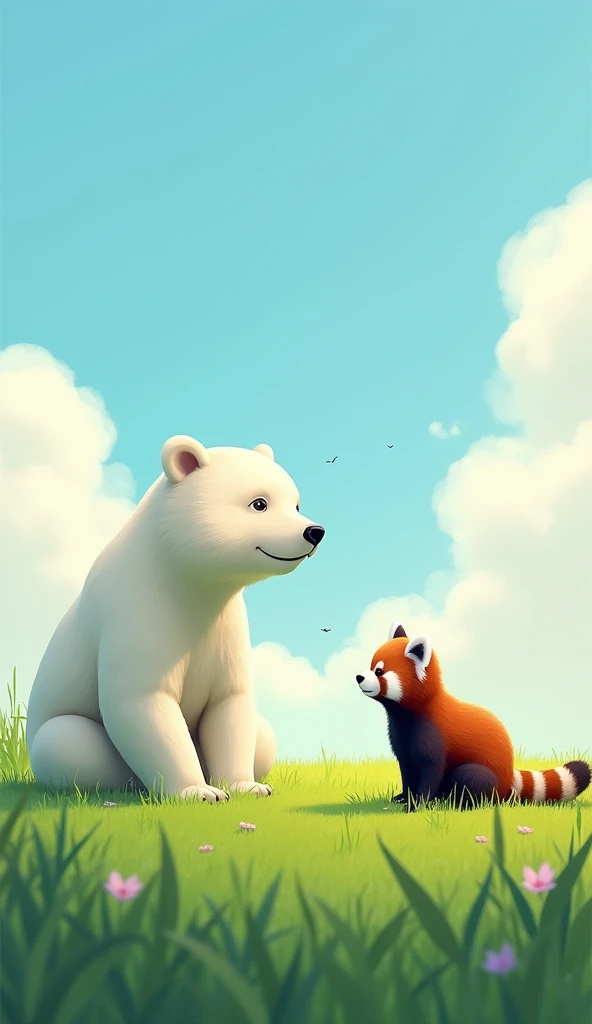 "On a lush green lawn under a clear blue sky, a white bear and a lesser panda face each other peacefully. The white bear, with its large, muscular frame and soft, snow-white fur, sits calmly, its dark eyes gentle and curious. Opposite it, the lesser panda,...