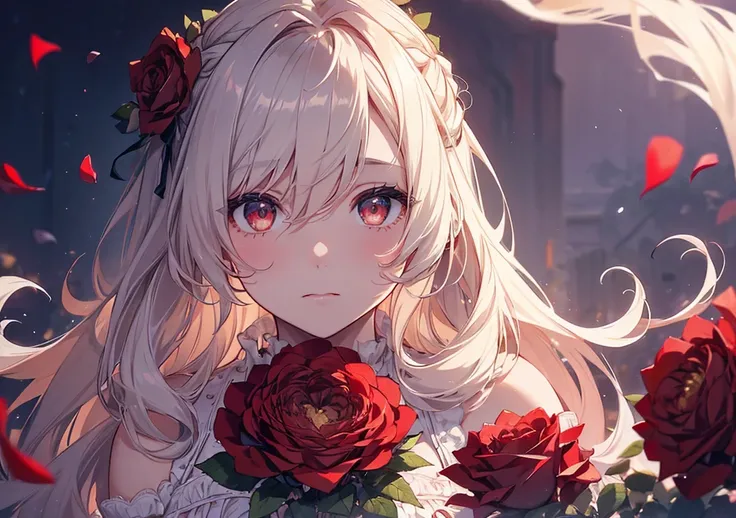 Create a close-up portrait of a girl with soft, wavy hair, adorned with red roses. She has delicate features, large expressive eyes, and a gentle expression. Her outfit is elegant and lace-like, set against a dreamy background with swirling red rose petals...