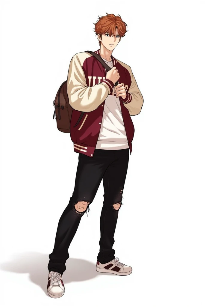 A panel from Lookism Manhwa: Athletic build (511"), round soft face with doe eyes that contrast his muscular frame, messy copper hair with curtain bangs, oversized vintage varsity jacket in cream and burgundy, ripped black jeans, high-end sneakers, relaxed...