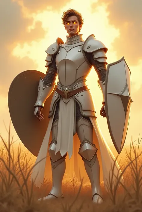 Full body illustration in the field of a brown-haired, yellow-eyed gentleman but this time he has some kind of star-shaped pupils,  with a totally clean shiny white armor standing in front with two shields , one on each side of the same size radiates light...