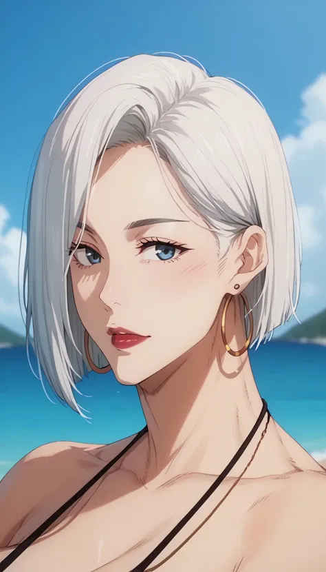 Hot beautiful mei mei,red lipstick,long hoops Earrings,  , white hair , detailed, blue eyes , hair 
, medium rounded breasts , Cleavage ,sexy expression  , short hair, wolf  hair cut 

