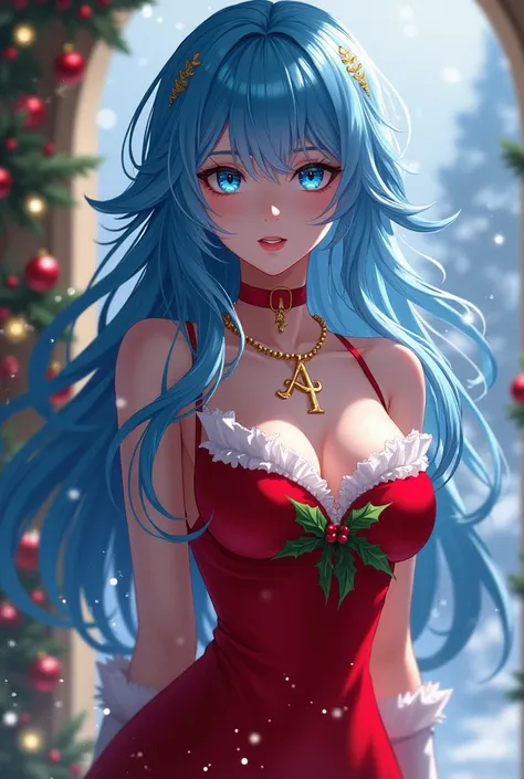 (Versão genshin impact)  long hair, blue eyes,  sexy Christmas dress, necklace with the letter A 