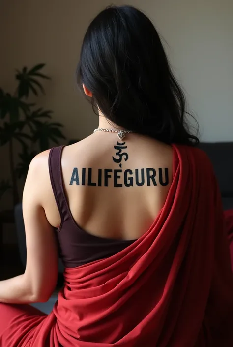 A realistic photograph of  lebanese house wife 32 years,curvy , big breasts,with wavy, long thick hair wearing a sleeveless red and black saree, she has a tatoo with the inscription "AILIFEGURU" in big bold letters along with a thrishool symbol and shows i...