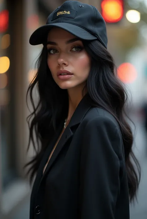 Create a 20 year old girl with a cap with a closed black jacket black hair Victoria Secret model.