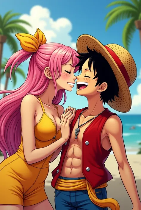 An illustration of Reiju Vinsmoke from One Piece, inspired by the art style of Afrobull. Reiju, with her long pink hair and signature outfit, is giving Luffy a sweet kiss on the cheek. Luffy, wearing his iconic straw hat and a simple red vest, smiles warml...