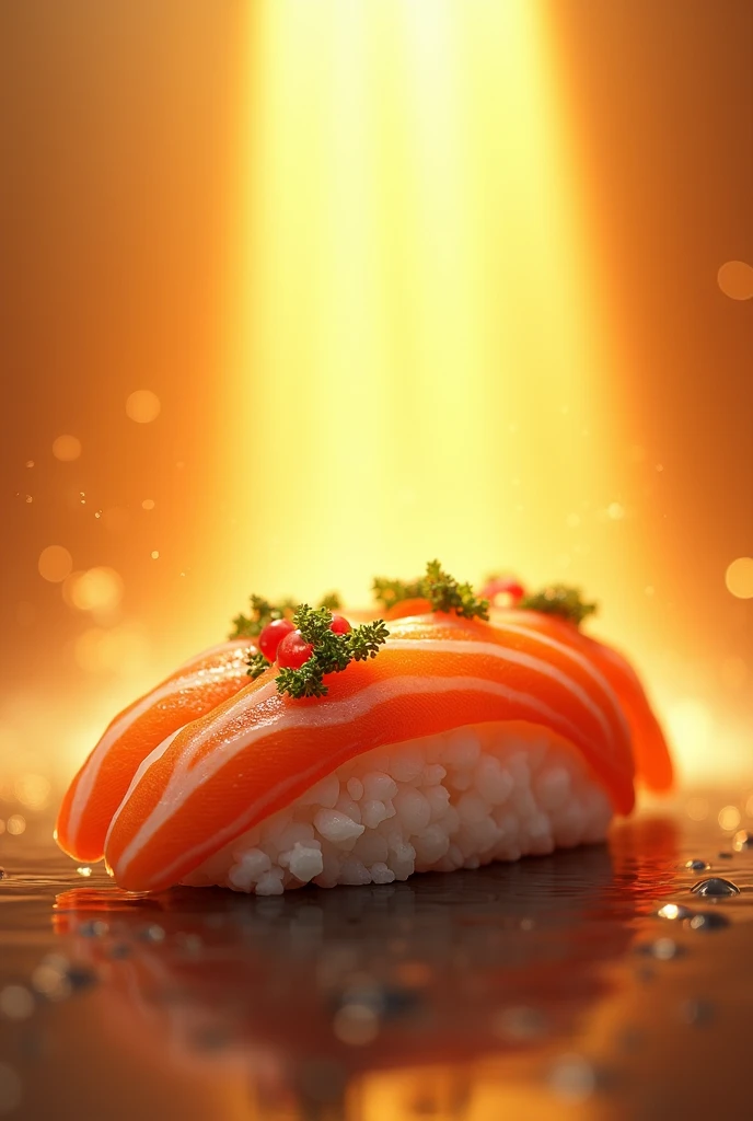 Yellow background with a sushi with a beam of light 