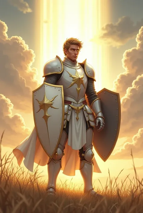  full body illustration on the field of a brown-haired, yellow-eyed gentleman but this time he has a kind of star-shaped pupils,  with a totally clean shiny white armor standing in front with two shields , one on each side of the same size radiates light f...