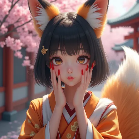 A realistic photo of a Japanese girl, Fox hybrid with an impressive appearance. She has captivating almond-shaped eyes , a soft complexion and a graceful expression . Her big fox ears emerge naturally from her dark and smooth hair in short bob wavy hairsty...