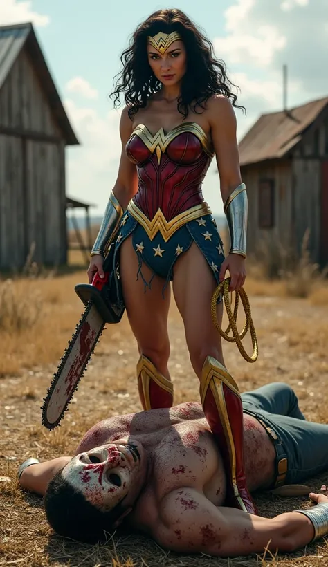 Wonder Woman watching Leatherface defeated on the floor with her chainsaw on a macabre farm, ultra real and super realistic images 