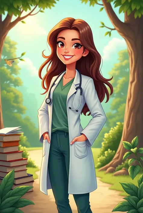 cartoon photo of a female doctor with long hair and pants who likes reading and nature