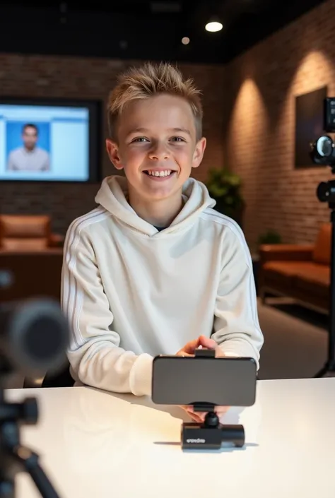  a 35-year-old boy , of white and light skin , with short hedgehog hair standing ,  sitting at a white table .,  wearing a bright white hoodie with white stripes and a microphone on the table He has a friendly expression and rests his hands together in fro...