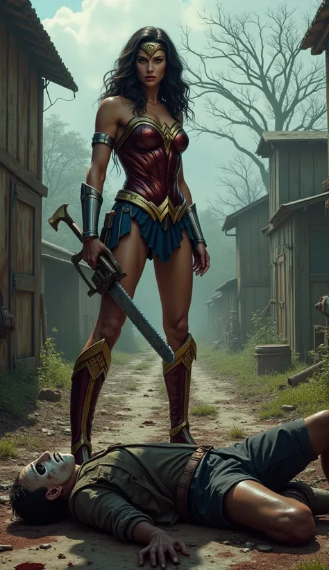 Wonder Woman watching Leatherface defeated on the floor with her chainsaw destroyed on a macabre farm, ultra real and super realistic images 