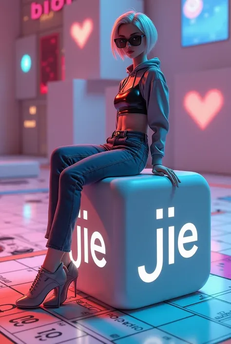 one elegant ai wearing a croptop sitting on a large dice, big dices got JNIE word on it, there is a Monopoly Go board theme,short hair,long jean,shoes,glasses,got earing,