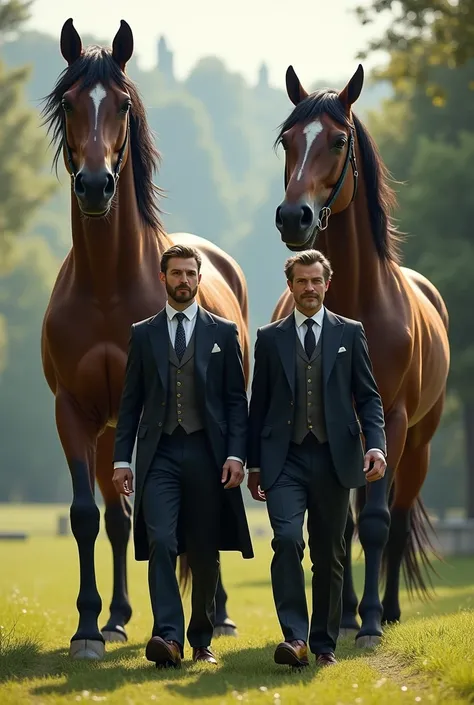 men walking together with big, dashing horses