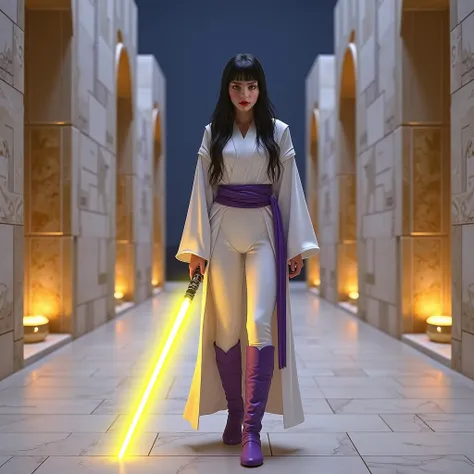  Use this image and create a woman with the same face . (( realistic )) long hair,  with bangs and black .  She wears white Jedi tunics .  Wear white leggings. He wears purple knee-high boots.  She wears a purple belt .  Wear a single-leaf lightsaber in ye...