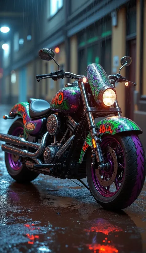 High Resolution, Masterpiece, Award Winning, High Details, "A chaotic and eccentric bike inspired by Joker, with a vibrant mix of purple, green, and orange colors. The body is covered in graffiti-style patterns, including Joker’s signature grin and HA HA t...