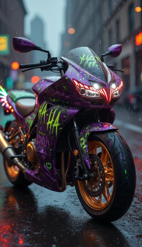 High Resolution, Masterpiece, Award Winning, High Details, "A chaotic and eccentric bike inspired by Joker, with a vibrant mix of purple, green, and orange colors. The body is covered in graffiti-style patterns, including Joker’s signature grin and HA HA t...