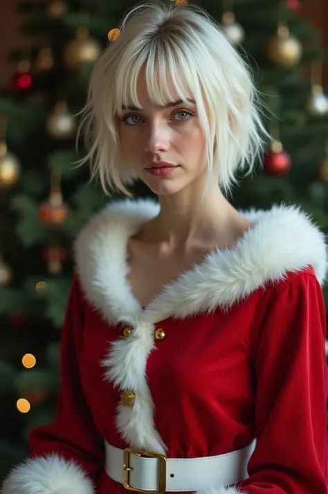 8k quality, masterpiece, best quality, detailed background, Intricate details, Chromatic Aberration, woman, looking at viewer, santa clause outfit, tight outfit, white cummerbund, platinum blonde hair, tight clothing, short hair, messy hair, bangs