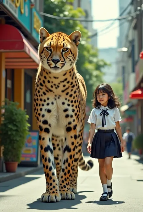 A cinematic-style full-body shot capturing a giant cheetah, approximately 10 feet tall, gracefully walking down a busy street alongside an Asian schoolgirl. The scene is framed like a still from a movie, showcasing the cheetah’s impressive size and fluffy ...