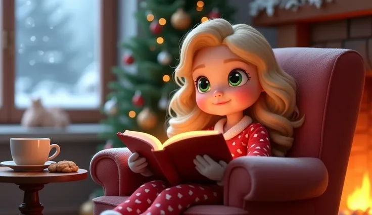  A  in 3D cartoon style ,  with wavy blond hair and green eyes ,  wearing red pajamas with white details and rabbit slippers.  She sits in a comfortable armchair ,  holding an open Christmas story book , with an enchanted smile on her face . next to,  a cu...