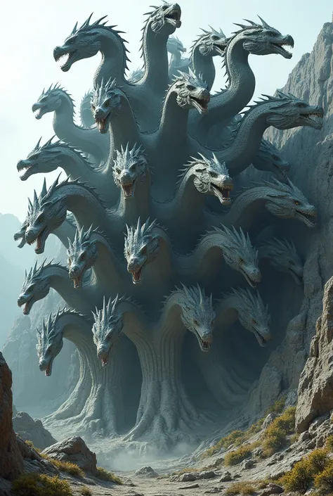  Generate an image of a dragon with twelve heads carved from a stone,that looks detailed  