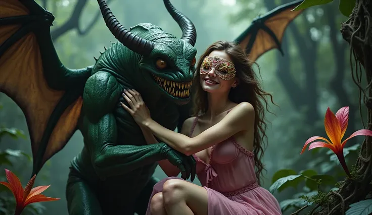 A terrifying insect-like monster with sharp, jagged teeth, large horns, and bat-like wings. 
mouth full of mucus, Its skin is a sickly shade glossy of green, rough and scaly, exuding menace. The creature is holding a beautiful woman dressed in alluring pin...