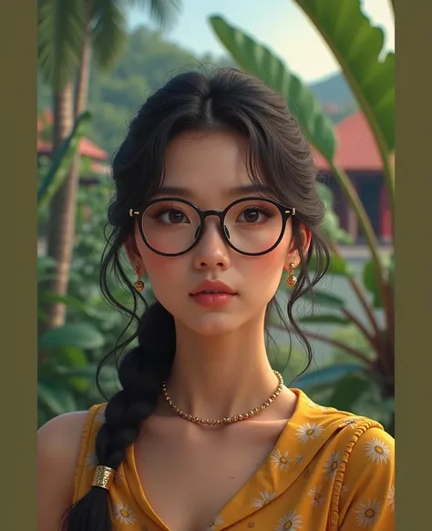 , a young Asian girl with a round face, Black hair, Long hair, Long hairเป็นพิเศษ 2 เมตร,  with very fine eyes , Korean style makeup,  a sparkling portland skin,  glazed tile skin , 